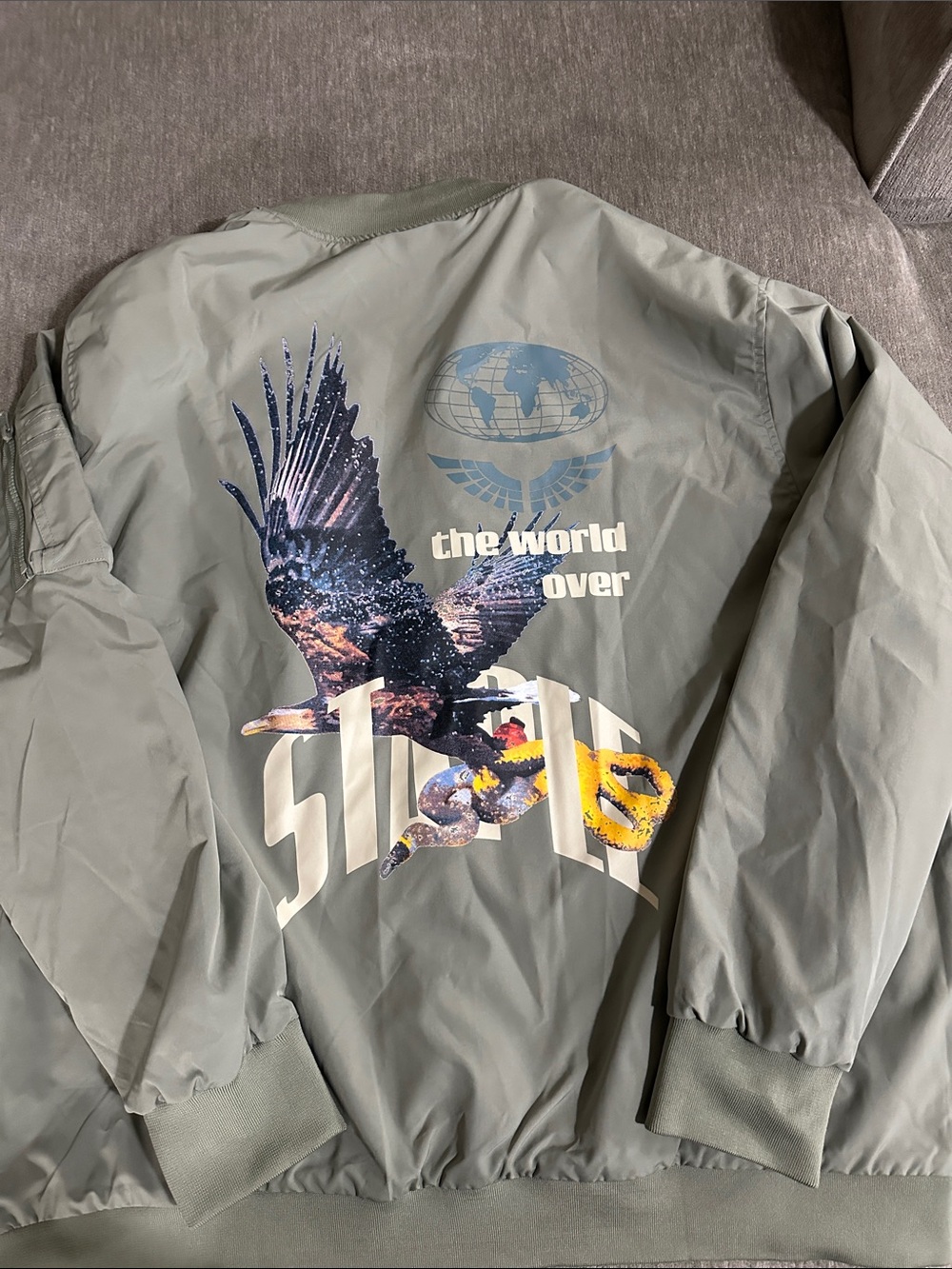 Men's Graphic Bomber Jacket in Sage Green and Camo - The World Over REVERSEABLE